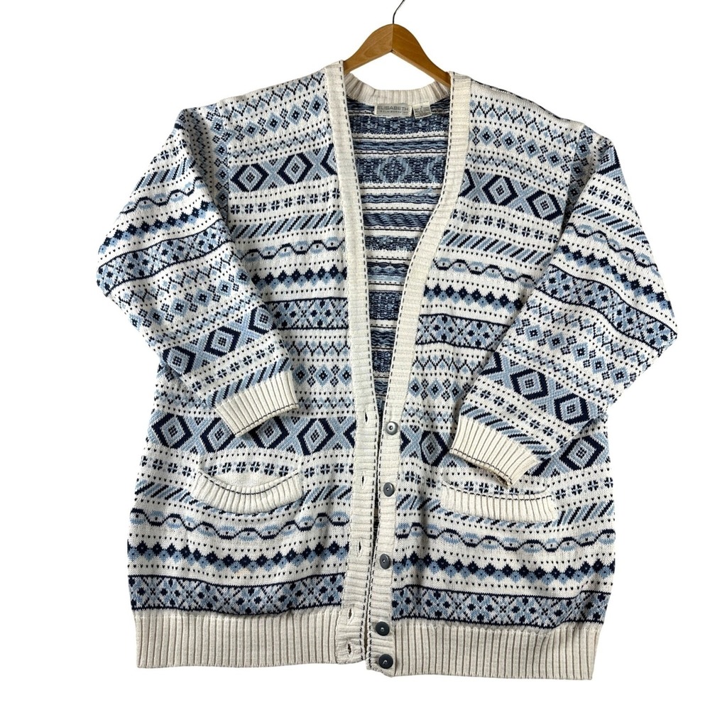 Vintage Liz Claiborne Fair Isle Nordic Chunky Knit Cardigan Sweater womens 2 Y2K